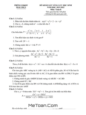 Đề khảo sát năng lực Toán 8 năm 2021 - 2022 phòng GD&ĐT Thái Thụy - Thái Bình