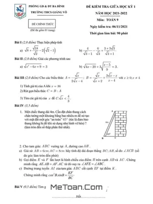 Đề thi giữa học kỳ 1 Toán 9 năm 2021 - 2022 trường THCS Giảng Võ - Hà Nội