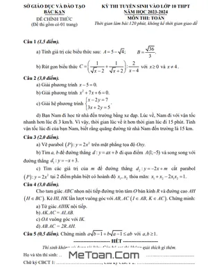 Đề thi tuyển sinh lớp 10 môn Toán năm 2023 - 2024 Sở GD&ĐT Bắc Kạn (có đáp án)