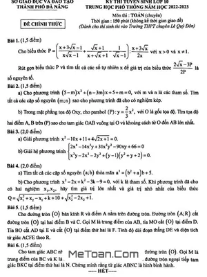 Đề thi tuyển sinh lớp 10 môn Toán (chuyên) năm 2022 - 2023 Sở GD&ĐT TP Đà Nẵng