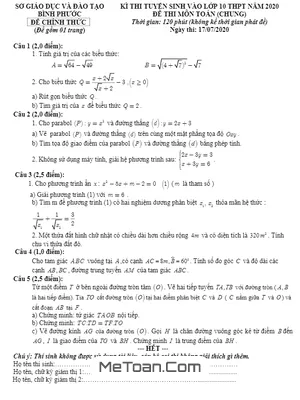 Đề thi tuyển sinh lớp 10 môn Toán năm 2020 - 2021 Sở GD&ĐT Bình Phước