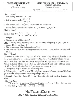 Đề thi thử tuyển sinh lớp 10 THPT môn Toán trường THCS Thiệu Vận - Thanh Hóa năm 2017 - 2018 lần 1