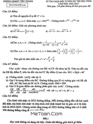 Đề chọn đội tuyển thi HSG tỉnh Toán 9 năm 2022 - 2023 phòng GD&ĐT Yên Thành - Nghệ An