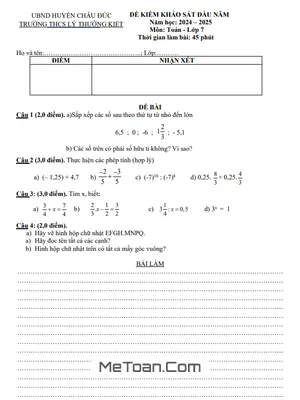 Đề khảo sát Toán 7 đầu năm 2024 - 2025 trường THCS Lý Thường Kiệt - BR VT