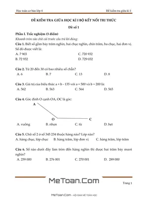 Bộ 5 Đề Ôn Luyện Thi Giữa Kỳ 1 Môn Toán Lớp 4 (Kết nối tri thức)