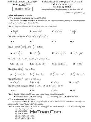 Đề giữa học kì 1 Toán 8 năm 2024 - 2025 phòng GD&ĐT Trực Ninh - Nam Định