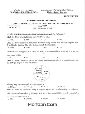 Đề Thi Tuyển Sinh Vào Lớp 6 Trường THCS Nguyễn Tất Thành Năm 2024 Môn Toán