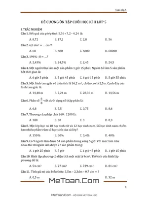 Đề Cương Ôn Tập Cuối Học Kì 2 Môn Toán Lớp 5 - 90 Bài Kèm Hướng Dẫn