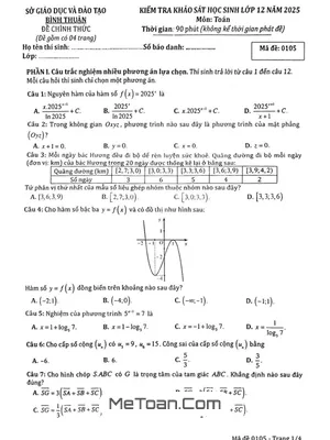 Đề kiểm tra khảo sát Toán 12 năm 2025 sở GD&ĐT Bình Thuận có đáp án