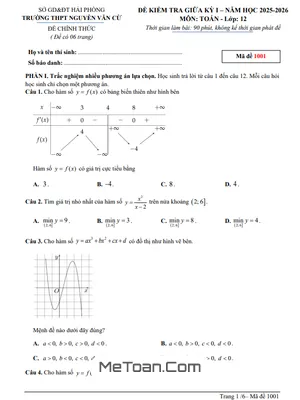 Đề thi Giữa Kỳ 1 Toán 12 năm 2025 – 2026 trường THPT Nguyễn Văn Cừ – Hải Phòng (Có Đáp Án)
