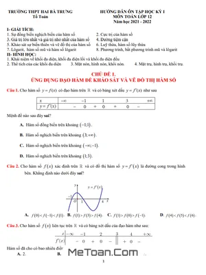 Hướng Dẫn Ôn Tập Học Kỳ 1 Toán 12 Năm 2021 - 2022 Trường Hai Bà Trưng - TT Huế