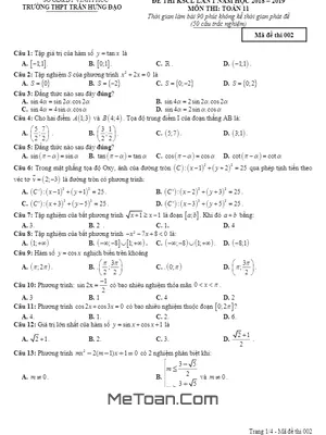 Đề thi KSCL Toán 11 lần 1 năm 2018 - 2019 trường Trần Hưng Đạo - Vĩnh Phúc