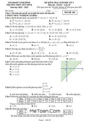 Đề học kỳ 1 Toán 10 năm 2022 – 2023 trường THPT Yên Mô B – Ninh Bình