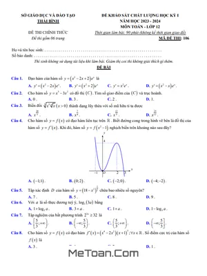 Đề khảo sát học kỳ 1 Toán 12 năm 2023 - 2024 sở GD&ĐT Thái Bình