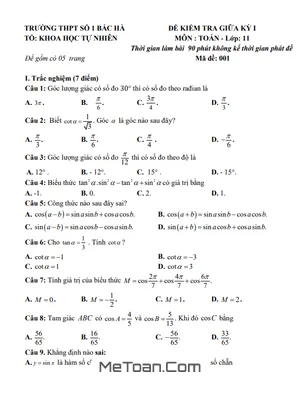 Đề Tham Khảo Giữa Kỳ 1 Toán 11 Cánh Diều Năm 2023 - 2024 Trường THPT Bắc Hà 1 - Lào Cai