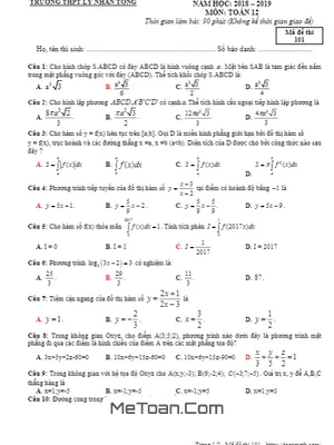 Đề thi KSCL lần 3 Toán 12 năm 2018 – 2019 trường THPT Lý Nhân Tông – Bắc Ninh