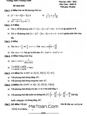 Đề Kiểm Tra Cuối Kỳ 2 Toán 10 Năm 2021 - 2022 Trường THPT Trường Chinh - TP HCM
