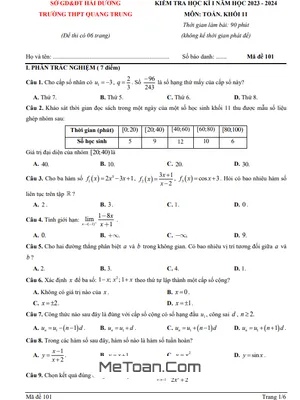 Đề thi cuối kì 1 Toán 11 năm 2023 - 2024 trường THPT Quang Trung - Hải Dương