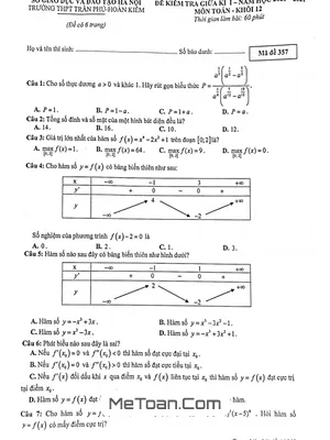 Đề thi giữa kì 1 Toán 12 năm 2020 - 2021 trường THPT Trần Phú - Hà Nội