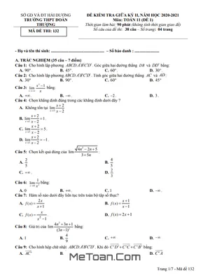 Đề thi giữa kỳ 2 Toán 11 năm 2020 - 2021 trường Đoàn Thượng - Hải Dương