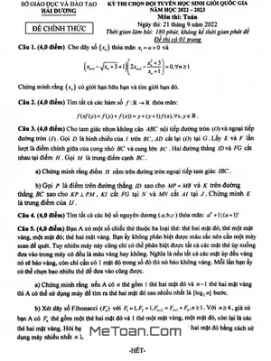 Đề chọn đội tuyển thi HSG QG môn Toán năm 2022 – 2023 sở GD&ĐT Hải Dương