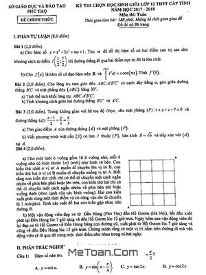 Đề thi chọn HSG Toán 12 THPT cấp tỉnh năm học 2017 - 2018 Sở GD&ĐT Phú Thọ
