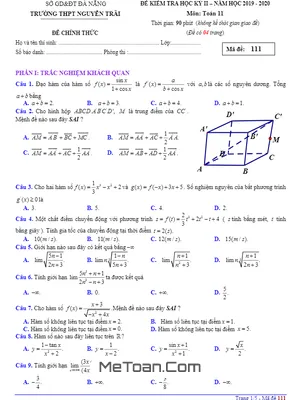 Đề thi học kỳ 2 Toán 11 năm 2019 - 2020 trường THPT Nguyễn Trãi - Đà Nẵng