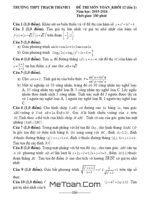 Đề thi thử THPT Quốc gia môn Toán năm 2016 lần 1 trường THPT Thạch Thành 1 - Thanh Hóa