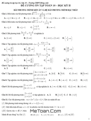 Đề Cương Ôn Tập Học Kỳ 2 Toán 10 Trường THPT Đông Anh - Hà Nội