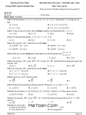Đề thi giữa kì 1 Toán 10 năm 2023 - 2024 trường THPT Nguyễn Thị Bích Châu - Hà Tĩnh