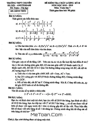 Đề kiểm tra học kỳ 2 Toán 7 năm 2018 - 2019 trường chuyên Hà Nội - Amsterdam