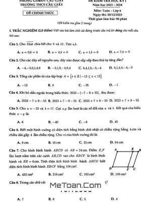 Đề thi học kỳ 1 Toán lớp 6 năm 2023 - 2024 trường THCS Cầu Giấy - Hà Nội