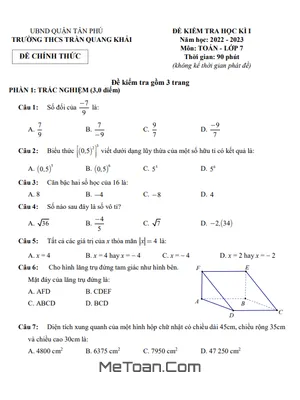 Đề thi học kì 1 Toán 7 năm 2022 - 2023 trường THCS Trần Quang Khải - TP HCM