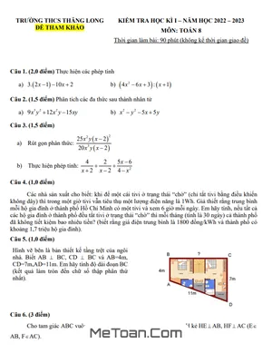 Đề tham khảo học kì 1 Toán 8 năm 2022 - 2023 trường THCS Thăng Long - TP HCM
