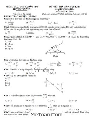 Đề thi giữa kì 2 Toán 8 năm 2023 - 2024 phòng GD&ĐT Tân Yên - Bắc Giang