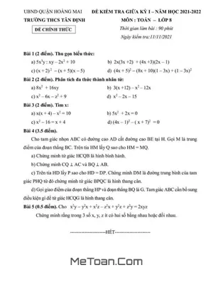 Đề thi giữa kỳ 1 Toán lớp 8 năm 2021 - 2022 trường THCS Tân Định - Hà Nội