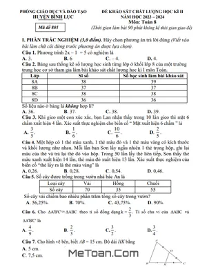 Đề thi học kì 2 Toán 8 năm 2023 - 2024 phòng GD&ĐT Bình Lục - Hà Nam