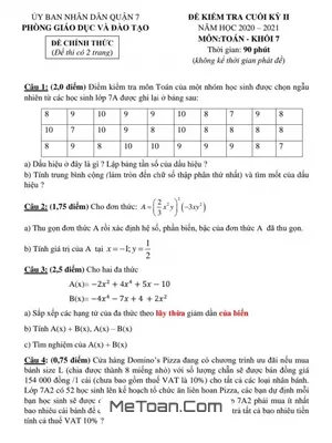 Đề thi cuối kỳ 2 Toán 7 năm 2020 - 2021 phòng GD&ĐT quận 7 - TP HCM