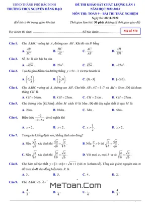 Đề khảo sát chất lượng lần 1 Toán 9 năm 2022 – 2023 trường THCS Nguyễn Đăng Đạo – Bắc Ninh