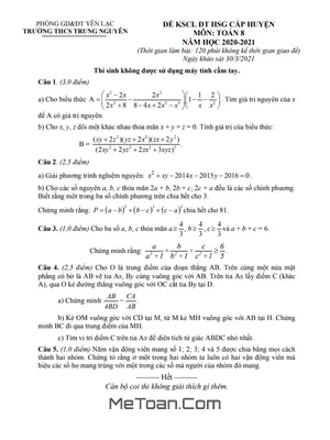 Đề thi HSG Toán 8 năm 2020 - 2021 trường THCS Trung Nguyên - Vĩnh Phúc