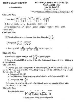 Đề thi HSG Toán 7 cấp huyện năm 2022-2023 phòng GD&ĐT Hiệp Hòa, Bắc Giang