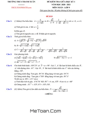 Đề thi giữa kì 1 Toán 9 năm 2020 - 2021 trường THCS Thanh Xuân - Hà Nội