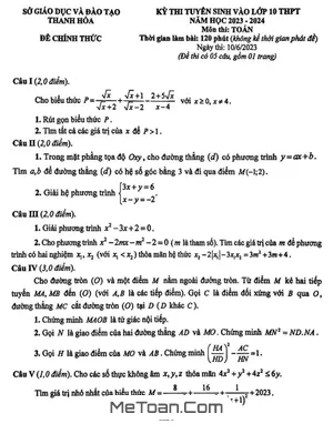Đề thi tuyển sinh vào lớp 10 môn Toán năm 2023 - 2024 Sở GD&ĐT Thanh Hóa