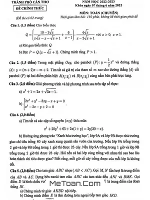 Đề thi tuyển sinh lớp 10 môn Toán (chuyên) năm 2022 - 2023 Sở GD&ĐT Cần Thơ