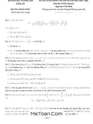 Đề thi Tuyển sinh Lớp 10 Môn Toán (Chuyên) Năm 2020 - 2021 Sở GD&ĐT Long An