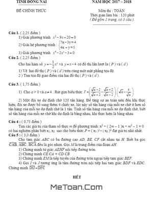 Đề thi tuyển sinh lớp 10 môn Toán Đồng Nai năm 2017 - 2018 có lời giải