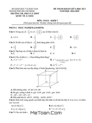 Trọn Bộ Đề Tham Khảo Giữa Kì 1 Toán 7 Năm 2024 - 2025 Phòng GD&ĐT Quận 3 - TP HCM