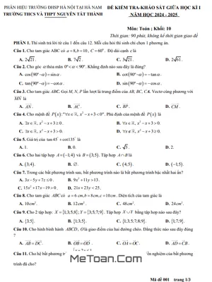 Đề giữa học kì 1 Toán 10 năm 2024 - 2025 trường Nguyễn Tất Thành – Hà Nam