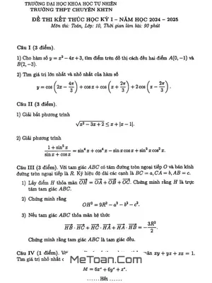 Đề thi học kỳ 1 Toán 10 năm 2024 - 2025 trường THPT chuyên KHTN - Hà Nội