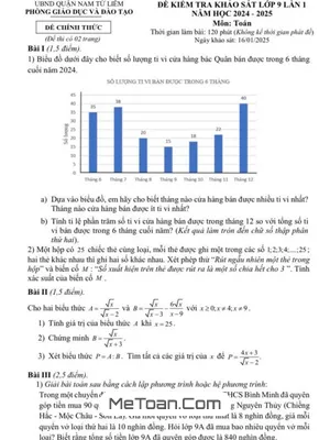 Đề khảo sát Toán 9 lần 1 năm 2024 - 2025 phòng GD&ĐT Nam Từ Liêm - Hà Nội